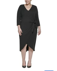 CALVIN KLEIN Hi Low Jersey Faux Wrap MIDI Dress Sz 14W Black Career Party Work - Picture 1 of 9