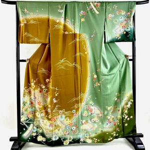 Japanese kimono "HOMONGI" SILK,GLD leaf, Plum blossoms, Shading,Fans,L5'4"..4045 - Picture 1 of 14