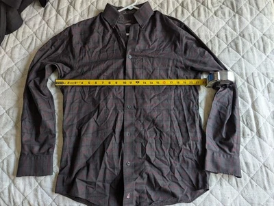 Camisa masculina Nordstrom ajuste tradicional cinza escuro xadrez manga longa pequena em excelente estado usado - Imagem 1 de 3