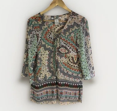 Американская тряпка туника стиль многоцветный 3/4 рукав легкий Sz Med крестьянская блузка - Изображение 1 из 4