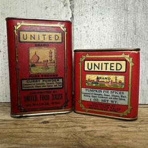 Vtg United Spice Tin Curry & Pumpkin Pie Milwaukee Wisc Advertising Lot Of 2 - Picture 1 of 9