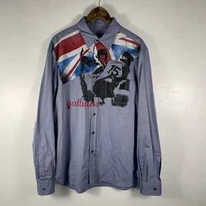 John Galliano Button Up Long Sleeve Shirt Mens 2XL XXL Blue Flag Rugby Print - Picture 1 of 16