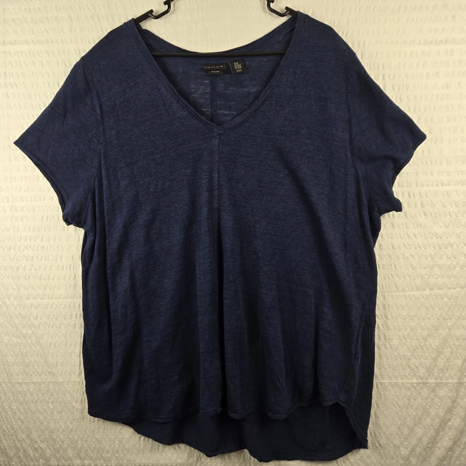 Blusa Tahari Feminina Azul Marinho 100% Linho Pulôver Manga Curta Tamanho 2X Plus - Imagem 1 de 3