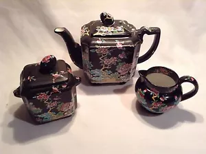 Mason's Black Chinese Ironstone Tea Pot Sugar Bowl & Creamer over 100 years old. - Picture 1 of 8