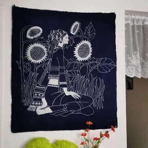 Handmade Cotton Batik Tapestry, Indigo Wall Hanging - Woman in  Sunflower Garden - Picture 1 of 7