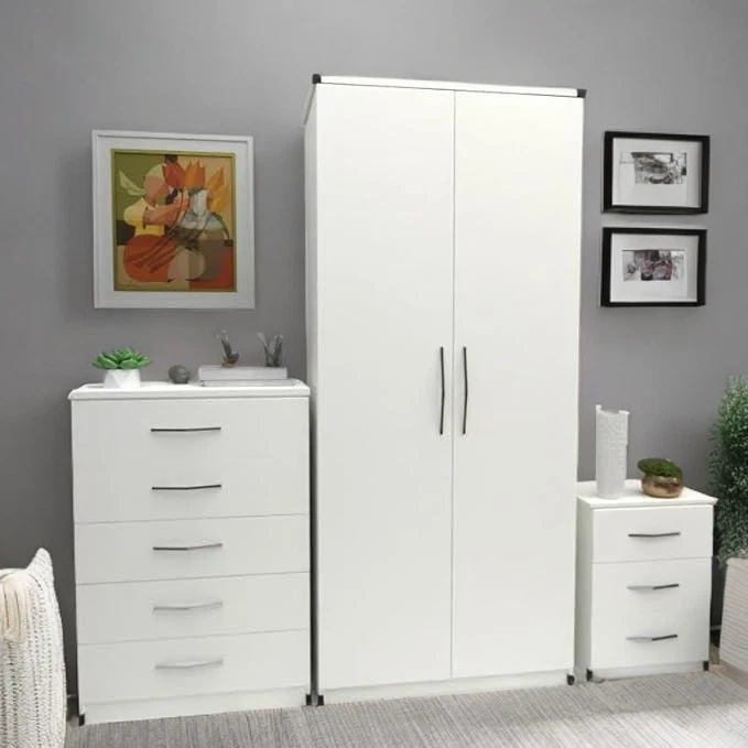 Assembled 3 Piece White Bedroom Furniture Bedside Wardrobe Set Chest of Drawers — 第 1/1 张图片