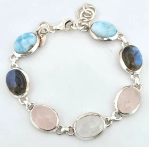 Sterling Silver 925 Gemstone Cabochon Bracelet Moonstone Larimar Labradorite - Picture 1 of 3