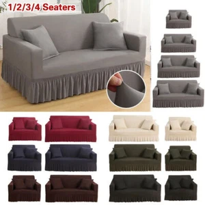 Elastic Stretchable Couch Sofa Cover with Skirt Seersucker Slipcover Protector - Picture 1 of 33