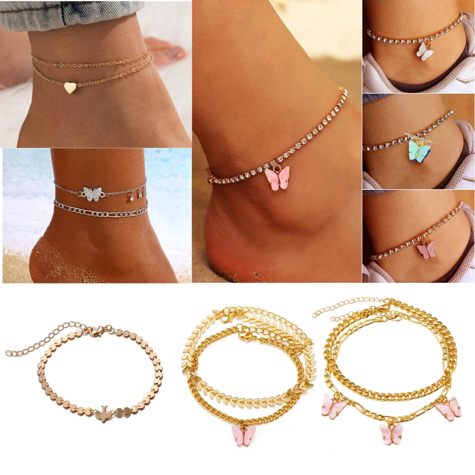 Fußkettchen Schmetterling, Herz Und Taube Damen Gold Silber Fußkette Fußschmuck - Bild 1 von 4