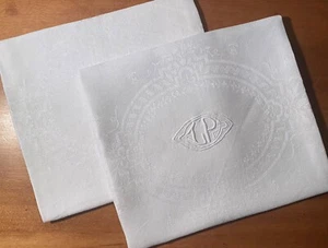 2 Vintage French Linen Damask Napkins XL Hand Monogram LP From France 26 X 30.5" - Picture 1 of 9