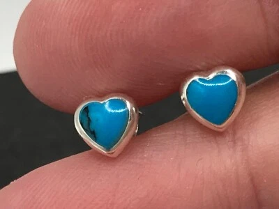 Turquoise heart stud earrings solid Sterling silver 6mm total. Reconstituted. - Image 1 of 4