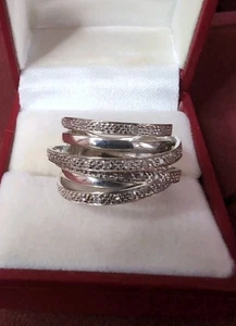 Modern 925 Sterling Silver Two-Tone Smooth & Textured w/CZ Layered Ring Size 7 - Picture 1 of 9