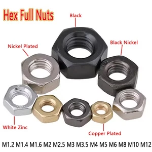 M1.2-M12 Hex Full Nuts Nickel Plated/Black Nickel/White Zinc/Black/Copper Plated - Picture 1 of 10