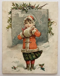 Victorian Trade Card Girl in Red Coat Snow Scene Christmas Lion Coffee Woolson - Picture 1 of 2