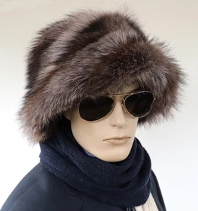 Fur Hat Bucket Hat Fischer Raccoon Cloche Fur Cap Head Warmers Natural Grey - Picture 1 of 9