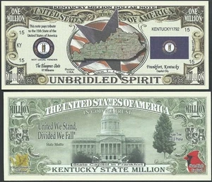  Lot of 500 Bills- KENTUCKY STATE MILLION DOLLAR BILL w MAP, SEAL, FLAG, CAPITOL - Picture 1 of 1