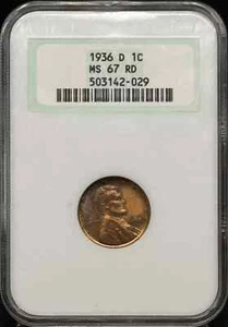1936 D Lincoln Wheat Cent NGC MS-67 RD - Picture 1 of 2