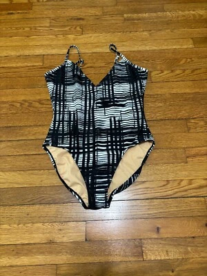 Vintage Newport News Women’s One Piece Swimsuit Black White Stretch Beach Sz 14 - Image 1 of 4