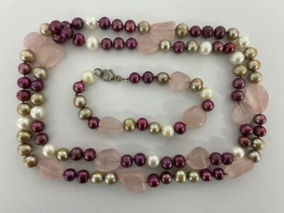CONJUNTO DE COLLAR DE PERLAS CON CUARZO ROSA +PULSERA OFERTA AL 50% DE DESCUENTO - Imagen 1 de 4