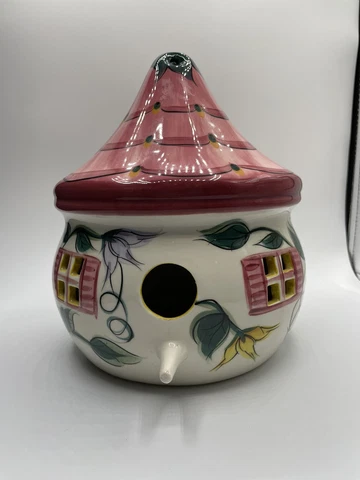 Gail Pittman Pottery Red Roof Bird House 1997 Hand Painted Floral Ceramic Signed Cover