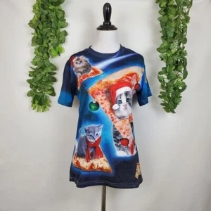 Space Cat Christmas Pizza T-shirt Holiday Festive Size Medium Short Sleeve - Picture 1 of 10