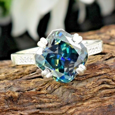 Anillo de plata 925 con diamantes azules/corte cojín/corte natural VS1 de 4,5 quilates certificado para boda Foto 1 de 4