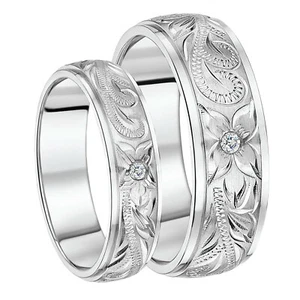 Anillos de boda de titanio grabados a mano de piedra circular de piedra cz grabados a mano para pareja de His & Her's - Imagen 1 de 3