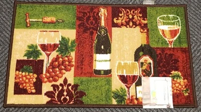 HOME DYNAMIX PRINTED KITCHEN RUG (nonskid)(18"x30") WINE BOTTLES, GRAPES & CORK, rec by HD