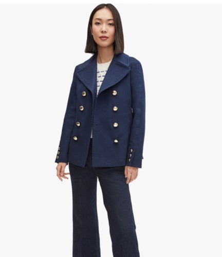 Cappotto classico Kate Spade taglia 0 doppio seno cotone nuovo con etichette blu calamaro $448