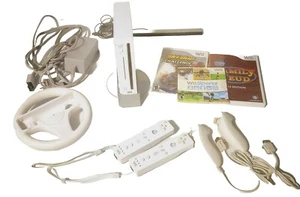 NINTENDO WII CONSOLE BUNDLE 2 Controllers 2 Nunchucks Wheel 3 Games Wii  Sports - Picture 1 of 8