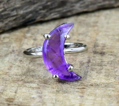 Amethyst Moon Carving Ring 925 Sterling Silver Ring For Women Daughter Ring - Image 1 of 2
