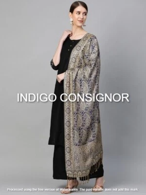 Womens 100% Cashmere Indian Wool Blanket Soft Shawl Wrap Paisley Scarf Navy Blue - Image 1 of 4
