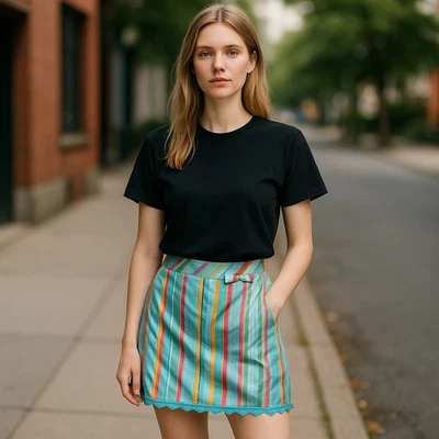 Falda Rachelle Mujer Talla 6 Azul Rosa Naranja Verde Satén Rayas Encaje NUEVA Foto 1 de 4