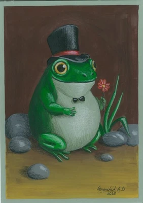 原版绘画 A4 72FA 艺术品水粉彩色铅笔青蛙 — 第 1/3 张图片