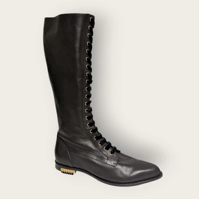 Botas hasta la rodilla Giorgio Armani de cuero negro con encaje delantero tacón dorado 39,5  Foto 1 de 4