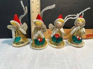 4 Vintage Engel Weihnachtsschmuck gesponnene Baumwolle Pfeifenputzer Gold Papier Kegel - Bild 1 von 12
