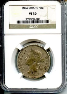 MALAYSIA 1894 50 CENTS NGC VF30 RARE - Picture 1 of 2