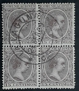 1899 Canary Islands block of 4 x 15c brown Alfonso XIII stamp La Laguna cds - Picture 1 of 2