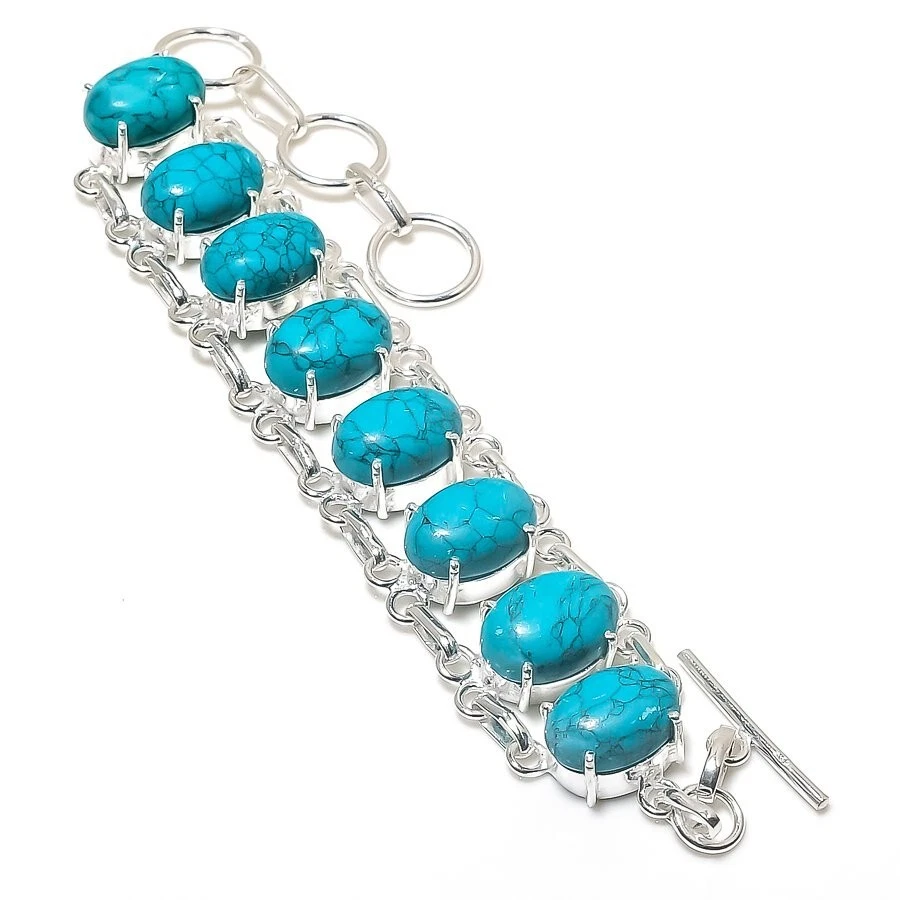 Feroza Turquoise Gemstone Handmade 925 Sterling Silver Jewelry Bracelet Sz 7-8" - Image 1 of 1