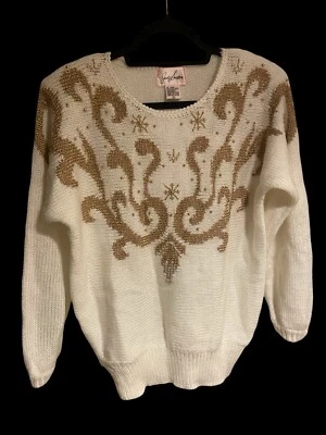 Vintage 80's Jaclyn Smith Gold Embellished Sweater Medium Granny Shoulder Pads - Image 1 of 3