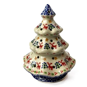 Prancing Reindeer Luminary Polish Pottery Tea Light Holder Tree hand crafted - Picture 1 of 9