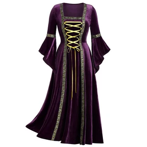 Women Medieval Renaissance Costumes Flare Sleeve Crisscross Lace-up Velvet Dress - Picture 1 of 25