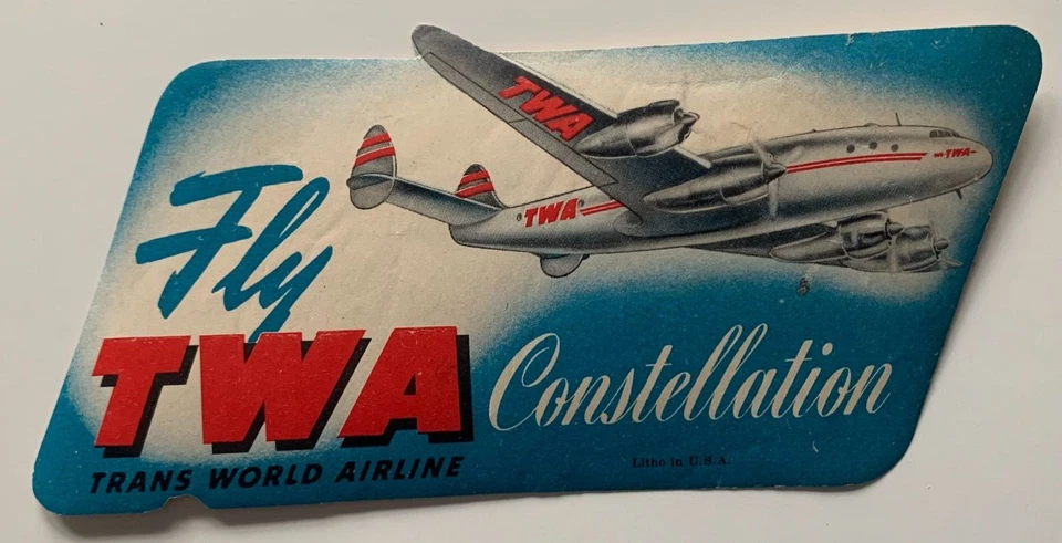 Etiqueta de bagagem vintage ca 1950s TWA Trans World Airline Fly Constellation cortada - Imagem 1 de 3