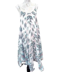 Ocean Blue Dress Maxi spaghetti strap White Aztec Handkerchief hem Women's Large - Picture 1 of 7