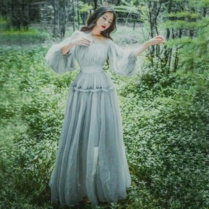 Damen Chiffon Schulterfrei Prinzessin Maxikleid Rüschenärmel Lolita Ballkleid - Bild 1 von 9