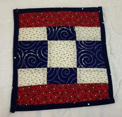 Vintage Patchwork Quilt Table Topper, Nine Patch, Rectangles, Red, Navy Blue - Image 1 of 4