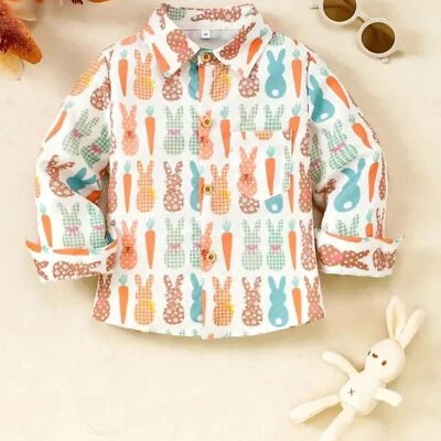  Easter Bunnies/Carrot Print Button Down Collared Dress Shirt 4-5 Yr Or 7-8 Yrs. - Image 1 of 4