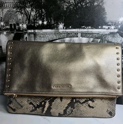 Anne Klein Mettalic 金色/Python 图案 3 口袋手拿包式钱包 12x8.5x2 — 第 1/4 张图片