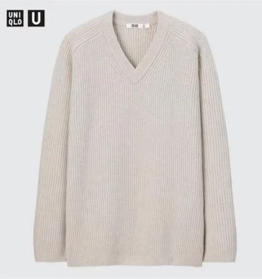 UNIQLO U Lamb Rib V-Neck Sweater Natural Unisex M New - Image 1 of 4