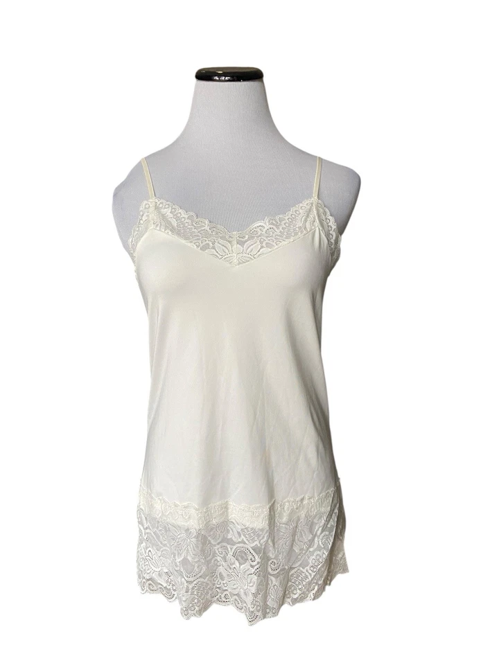 Womens Y2K Lace Trim Cami Tank Top Size L White Satin Long Layering Office Siren - Image 1 of 4